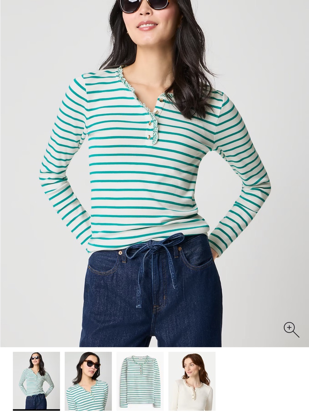 J CREW Striped Long-Sleeve Henley Top - Green/White